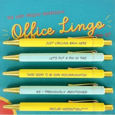 Imagem de 5 canetas lingo engraçadas para escritório, caneta personalizada com citações hilárias, canetas de uso diário hilárias, presentes de humor, tinta preta, ponta média de 1,0 mm (lingo de escritório)