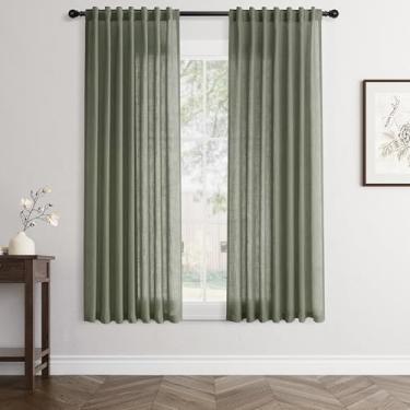 Imagem de Cortinas de linho verde-oliva 160 cm de comprimento, conjunto com 2 painéis, cortinas modernas para sala de estar, cortina semitransparente, privacidade, 160 cm de comprimento
