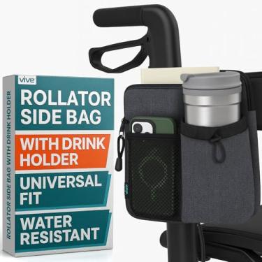 Imagem de Vive Bolsa lateral para andador rollator com suporte para bebidas - bolsa organizadora de acessórios com bolso para telefone para idosos, idosos e adultos - suporte de armazenamento para dobrar com