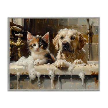 Imagem de Stupell Industries Arte giclée emoldurada cinza Cat & Dog Bath Buddies, design de Shawna Stewart, 28 x 35 cm