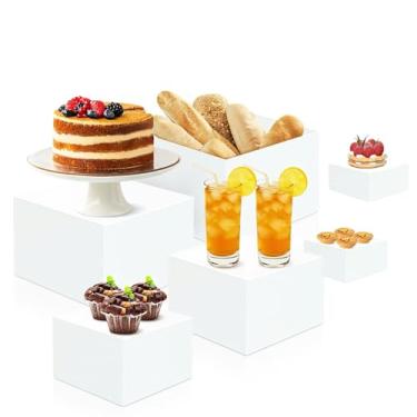 Imagem de RETON 6 peças de elevação de buffet, peças de elevação de acrílico para mesa de buffet, conjunto de suporte de exibição branco com fundo vazado, caixas de cubo para bolo catering festa de sobremesa