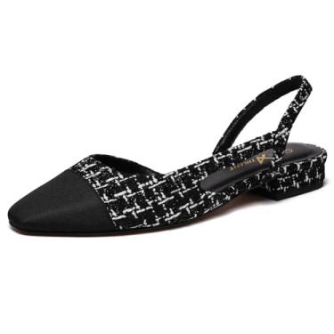 Imagem de Athlefit Sapatilhas Slingback para mulheres, bico fino, quadrado, dois tons, sapatos rasos de casamento para mulheres, Fio preto e branco, 36