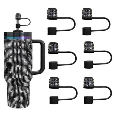 Imagem de JIASHEBDE Conjunto de acessórios para Stanley Cup, 6 peças, capa de canudo de diamante brilhante, tampa de canudos para Stanley 30 e 1,134 g com copos, acessórios de tampa de 1 cm para copo (preto, 6