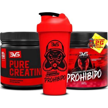 Imagem de Kit Pré Treino Prohibido 360g Creatina Monohidratada Pura 300g Coqueteleira Slin 3VS Nutrition-Unissex