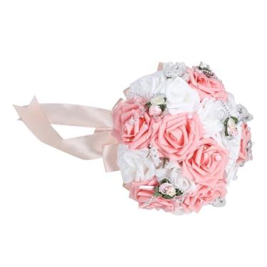Imagem de YOUTHINK Buquê de Casamento Artificial, Decoração de Flores de Seda, Perfeito para Noivas, Design Elegante Com Pérolas Artificiais, Comprimento de 10,2 pol., Ideal para Casamentos (Rosa)