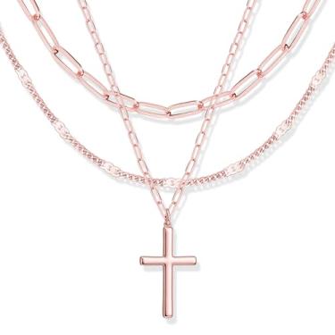 Imagem de Poxtex Colares de ouro em camadas para mulheres, empilháveis delicados banhados a ouro 14 K, corrente com pingente de clipe de papel, colar gargantilha com pingente de corrente de diamante simples