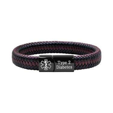 Imagem de Oneress Pulseira de alerta médico para homens e mulheres, pulseira preta com fecho de aço inoxidável para identificação de emergência, pulseira de couro PU com informações de saúde YA5551, Bracelet
