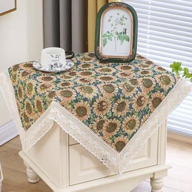 Imagem de Toalha de mesa quadrada pequena de cabeceira floral vintage, capa de mesa lateral rústica de fazenda com borlas de tecido, capa de mesa para quarto, cômoda, festa, decoração de casa, girassol 61 x 61