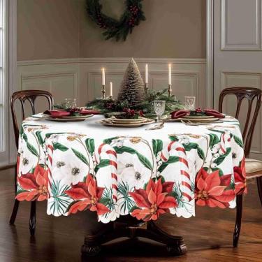 Imagem de DwEllAid Toalha de mesa de Natal redonda de 152 cm de poliéster, lavável, toalha de mesa decorativa floral, toalhas de mesa de Natal resistentes, linho