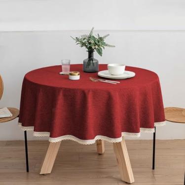 Imagem de Wuluwala Toalha de mesa redonda de tecido de cor sólida de 183 cm, toalha de mesa de linho de algodão com acabamento em renda, resistente a manchas, capa de mesa de jantar à prova d'água para cozinha