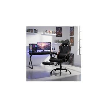 Imagem de Cadeira Gamer Ergonômica, Preta com Detalhes Branco, Metal e Couro Sintético, Ajuste de Altura e Reclinação, 50x83 cm