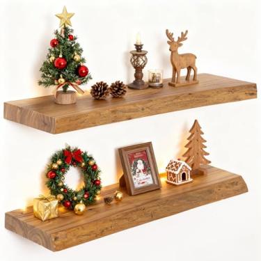 Imagem de Prateleiras flutuantes de 61 cm, prateleira flutuante de madeira de olmo maciça, prateleiras de exibição montadas na parede com suporte resistente para livros, prateleira de madeira rústica para