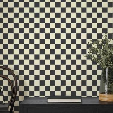 Imagem de Amiya Papel de parede quadriculado preto bege para contato com papel de parede moderno mosaico autoadesivo vinil removível papel de parede para armários, forro de prateleira, quarto, 43 x 300 cm