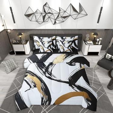 Imagem de jejeloiu Conjunto de edredom de 7 peças, tamanho casal, com linha de tinta abstrata, para meninos, meninas, adolescentes, geométrico, moderno, para decoração de quarto de microfibra macia e leve