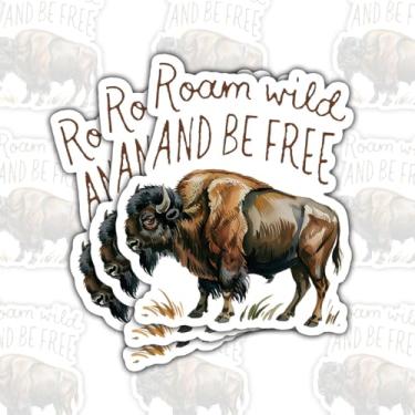 Imagem de 3 adesivos Roam Wild and Be Free Bison, decalques de vinil com citação motivacional da vida selvagem para laptop, caderno, diário, garrafa de água, para-choque de carro, presente para estudantes