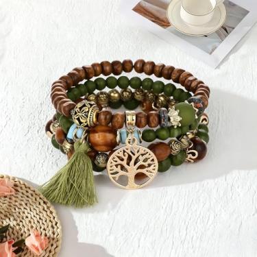 Imagem de Pulseiras boêmias feitas à mão com contas turquesa, conjunto de pulseiras elásticas empilháveis ajustáveis para mulheres com pingente de árvore da vida, joias delicadas hippie de praia, presentes de