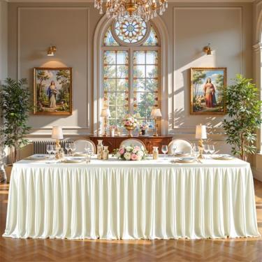 Imagem de Toalhas de mesa retangulares de cetim marfim 2,5 m, capas de mesa elásticas com glitter, sem rugas, comprimento até o chão, saia de mesa brilhante para casamentos, festas de chá de bebê, banquetes
