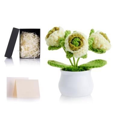 Imagem de ZHIYUXI Flores verdes de crochê artificial rosa eterna verde decoração de mesa presentes para mulheres flores tricotadas rosas feitas à mão para painel de carro, decoração de escritório em casa