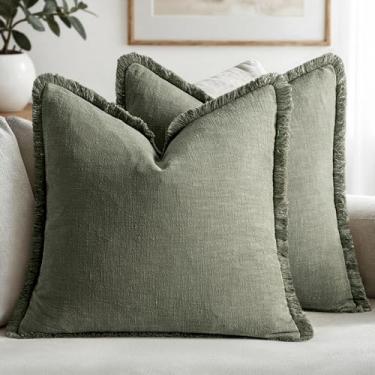 Imagem de MIULEE Capas de almofada decorativas de linho neutro, franjas, conjunto de 2 almofadas de casa de fazenda boho verde-oliva claro para sofá, cama, sala de estar, primavera, decoração de casa, 55 x 55
