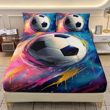Imagem de AILONEN Jogo de lençol solteiro de futebol, tema esportivo, colorido, para meninos e meninas, estampa de futebol 3D, lençol com bolso profundo com 2 fronhas, 3 peças