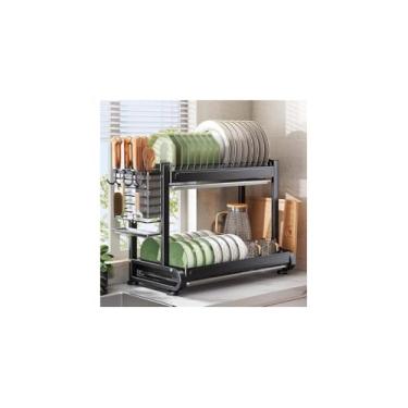 Imagem de Escorredor de Louças 2 Andares Multifuncional, Preto Fosco, Metal e Plástico, 43x27x33,5cm, com Suportes para Talheres e Utensílios