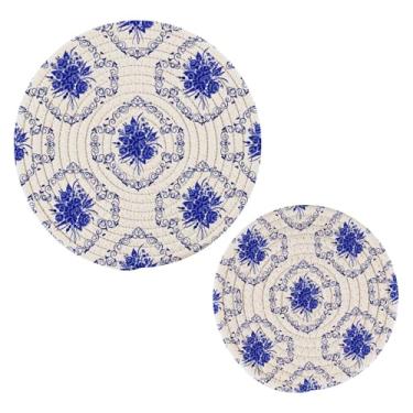 Imagem de Wassud Trivet floral vintage azul para pratos quentes suportes de panela redondos de algodão almofadas quentes elegantes porta-copos decoração de cozinha e acessórios, 2 peças