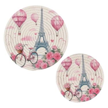 Imagem de Wassud Conjunto de tripé de torre Eiffel sonhador para pratos quentes, suportes redondos de panela, almofadas quentes de algodão, porta-copos resistentes ao calor para decoração de cozinha, bancada, 2