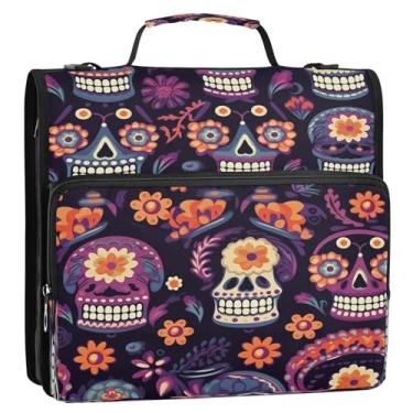Imagem de Wassud Fichário colorido mexicano de caveiras de açúcar com zíper com 3 anéis com alça de ombro e alça de vários bolsos, organizador de pastas expansíveis