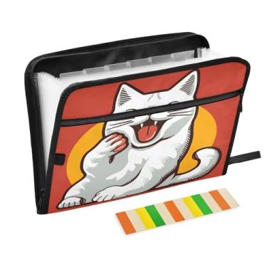 Imagem de Wassud A Happy White Cat Organizador de arquivos sanfonado com 13 bolsos, pastas expansíveis com abas e adesivos, organizador de pastas de documentos de recibo de papel tamanho carta A4 para viagens