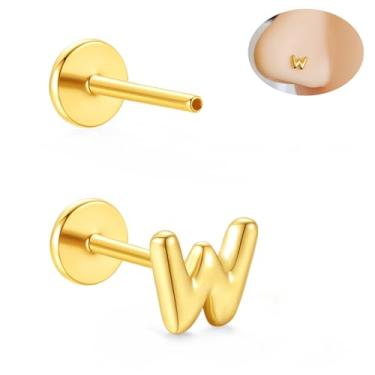 Imagem de ORANGELOVE Brincos de nariz W 316L de aço cirúrgico dourado sem fio, brincos minúsculos com letra inicial, brinco de costas planas de 20G, brincos de nome do alfabeto Tragus Helix cartilagem piercing