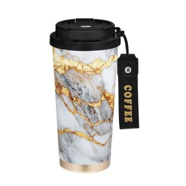 Imagem de YETTASBIN Caneca de café de mármore com isolamento térmico de 482 g com tampa canudo, copo à prova de derramamento e vazamento com alça para bebida quente e fria, garrafa de água de aço inoxidável