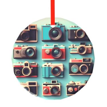 Imagem de Coleção de câmera retrô com pingente de vidro redondo requintado de 7,8 cm, decoração de árvore de Natal, enfeites de Natal