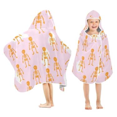 Imagem de Burbuja Esqueleto laranja em toalha de banho com capuz rosa para crianças, toalha de praia de pelúcia macia absorvente para meninas e meninos 3-10 anos, 61 x 127 cm