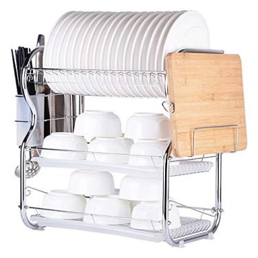 Imagem de Rack de Pratos 3 Camadas Multifuncional para Utensílios Cozinha com Drenagem Suporte Palitos Comida Facas Tabua Corte e
