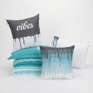 Imagem de Kit Edredom Solteiro Colorful 5 Peças, Dupla Face Linho e Hipercal 400 Fios, 2,40 x 1,80 m, com Fronha, Porta Travesseiro e Capas de Almofada (Verde)