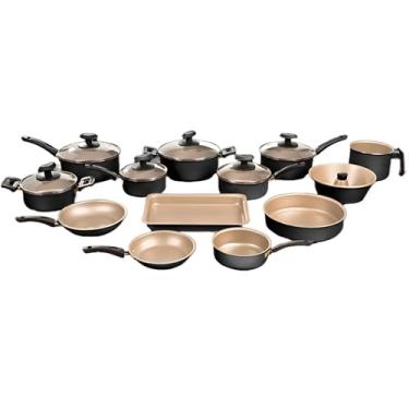 Imagem de Jogo De Panelas 13 Peças Aluminio Teflon Antiaderente Com Tampas De Vidro (Preto com Bege)