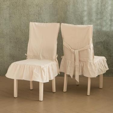 Imagem de GLORY SEASON Conjunto de 2 capas de cadeira de algodão retrô com babados, acabamento vintage, lavável, para sala de jantar, protetor de cadeira Parsons, bege, bege