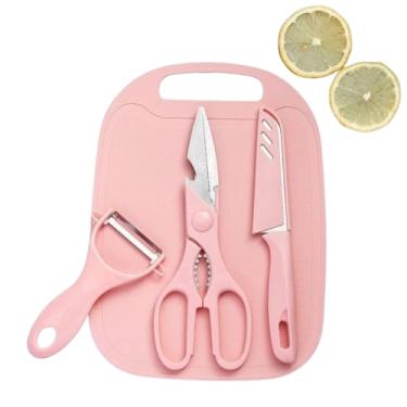 Imagem de Conjunto 4 Peças Utensílios Cozinha Aço Inox com Tábua para Preparo Ágil - Faca, Tesoura Multifuncional e Descascador, Aço Inoxidável e Plástico