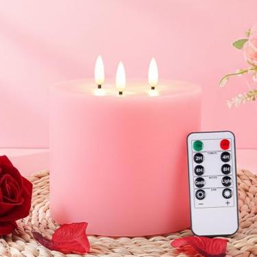 Imagem de Retisee Velas rosa extra grandes sem chama, 15 x 15 cm, LED, cera real, 3 mechas cintilantes, com temporizador de controle remoto, para decoração de festa de Natal e casamento em casa