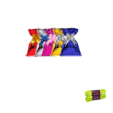 Imagem de Kit Saco Metalizado 10x15 50 Unidades + Fita Cetim Impressa 15mm x 10 Metros