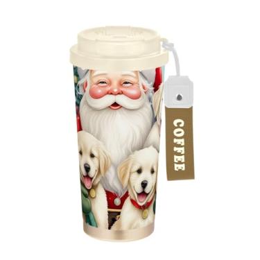 Imagem de TSENQUE Caneca de café de viagem com revestimento cerâmico, copo de café de aço inoxidável com canudo e tampa, copo isolado a vácuo, cães brancos fofos de Natal