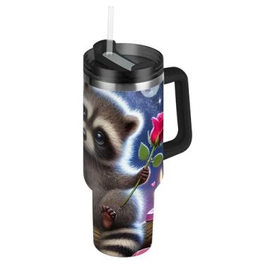 Imagem de Copos de aço inoxidável com tampas e canudos Romântico Guaxinim Estrelado Dia dos Namorados Copos de Café Quente para Viagem de Carro à Prova de Vazamento Copo de 850 g com Alça Garrafas de Água