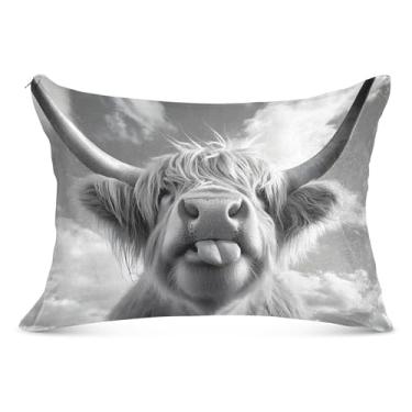 Imagem de Capa de almofada engraçada de vaca Highland preta felpuda com zíper impressão de arte King Queen tamanho padrão fronha de travesseiro de cama macia, tamanho padrão, 51 x 66 cm