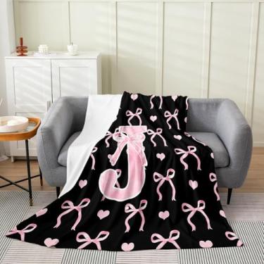 Imagem de Erosebridal Manta de flanela com letra J inicial alfabeto solteiro 152 x 203 cm para meninas preto rosa laço cobertor geométrico fofo amor coração letra ombré doce princesa microfibra felpuda manta de