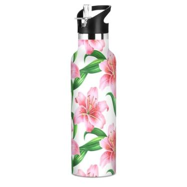 Imagem de Joisal Garrafa de água branca de flores de lírio em aquarela para meninas e crianças, garrafas de água isoladas sem BPA, copos infantis de aço inoxidável com tampa de canudo para bebidas quentes ou