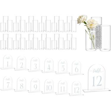 Imagem de Sieral 36 peças de vasos cilíndricos de vidro de 16, 20, 25 cm de altura e 12 peças de números de mesa de acrílico de arco transparente para recepção, conjunto de mesa de decoração de vaso de vidro