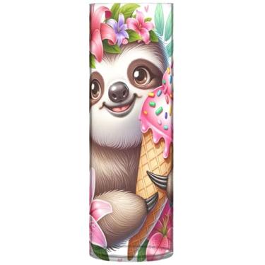 Imagem de Vaso redondo de plástico com estampa de sorvete floral preguiça, vasos de centro de mesa para decoração floral de sala de estar, 30 cm x 9,9 cm