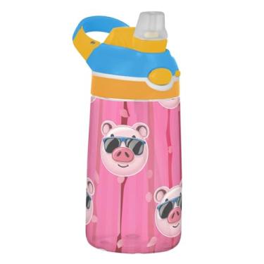 Imagem de Garrafa de água esportiva infantil de 473 ml com tampa de canudo garrafa de água à prova de vazamento para escola reutilizável 473 ml Tritan Kids Travel Cup, alça de transporte, porco fofo listrado