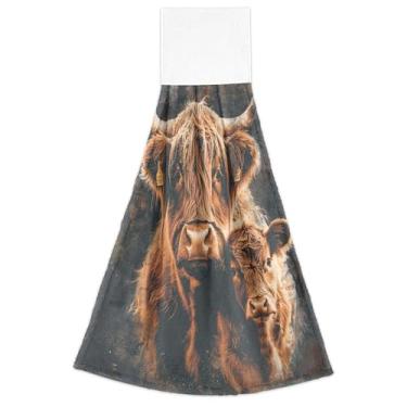 Imagem de Joitme Cute Highland Cows Brown Hanging Loop Toalhas de mão para cozinha, forno, toalha de chá, conjunto de 2 toalhas absorventes macias para cozinha, banheiro, 46 x 35 cm