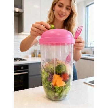 Imagem de Copo de salada Mason Jar com garfo, copo de leite de iogurte portátil com tampa, recipiente de preparação de refeição saudável para trabalho escolar
